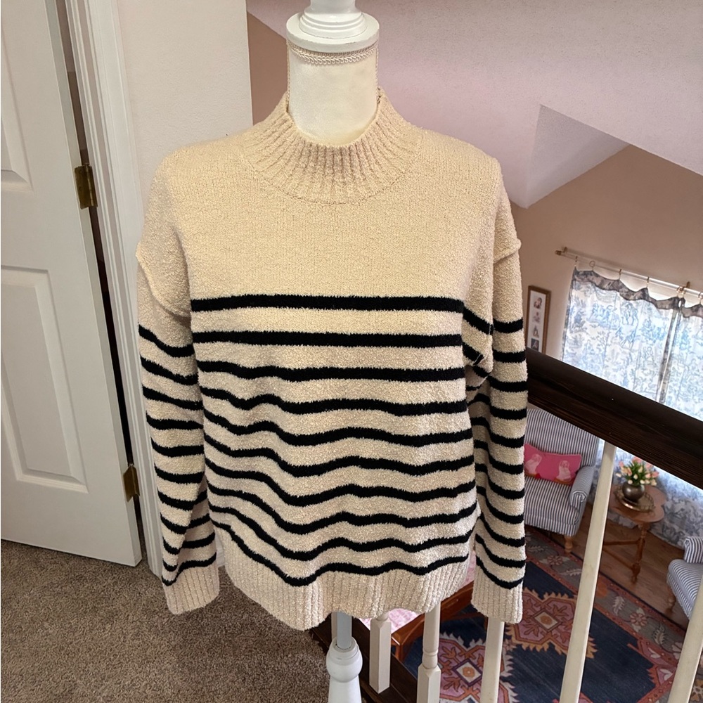 Drop Shoulder Mock Neck Pullover Sweater with Exposed Seams